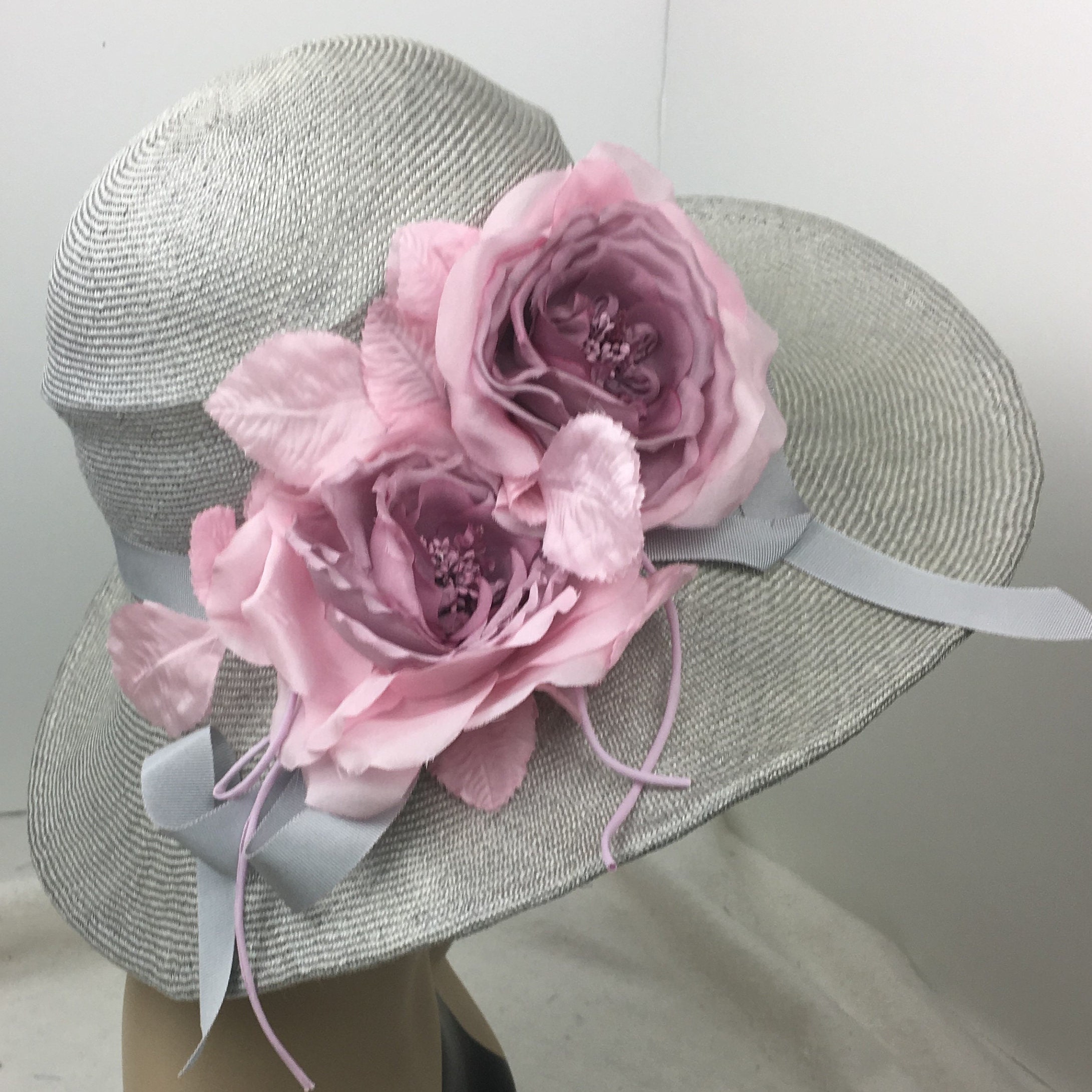 Parasisal Straw Hat Woman's Silver Gray Pink Wide Brim Elegant Romantic Garden Party Wedding Guest