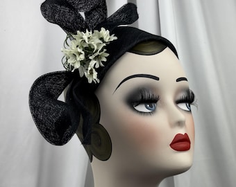 Black Sinamay Fascinator, Bandeau with Bow, Wedding, Handmade