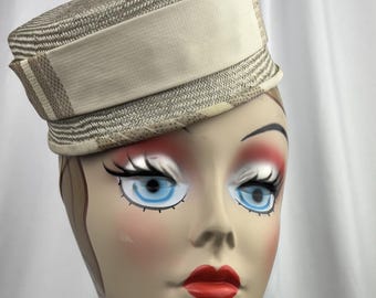 Pill Box Fascinator, Straw and Silk, Neutral Beige, Handmade Millinery
