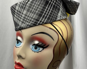 Plaid Pillbox, Black and White Silk, Perching Hat, Fascinator, Handmade