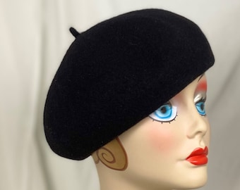 Black Wool Knit Button Beret, Handmade Hat