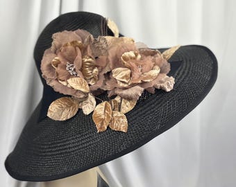 Black Panama Straw Derby Hat: Wide Brim Millinery with Vintage Roses