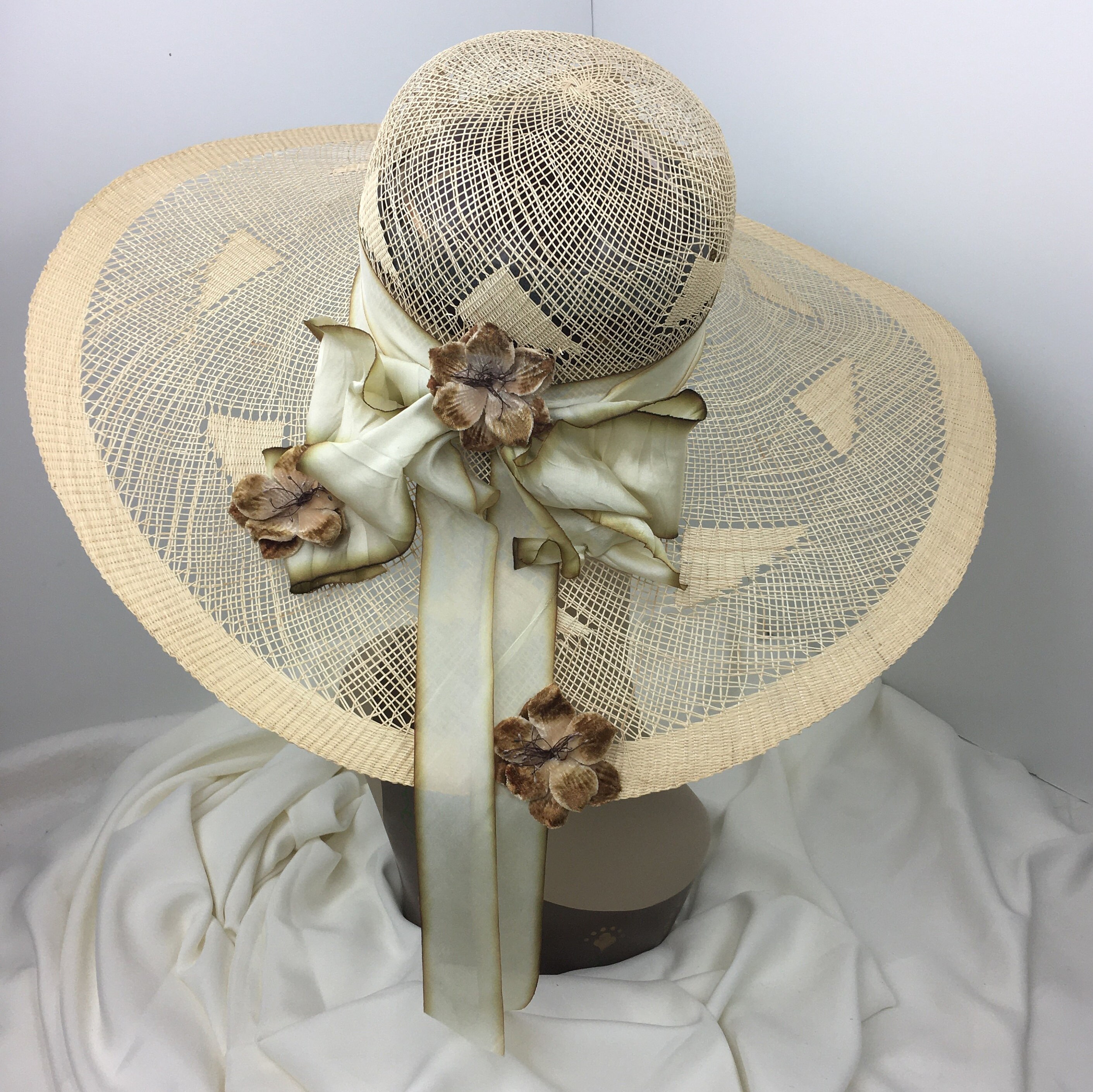 Lacy Open Weave Woman's Straw Hat Extra Wide Brim Natural Color Silk