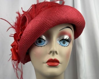 Cloche Hat, True Red Parasisal Straw, 1950s Style, Handmade Millinery