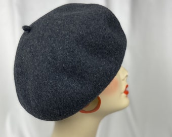 Handblocked Wool Beret, French Beret, Dark Charcoal Gray, Almost Black