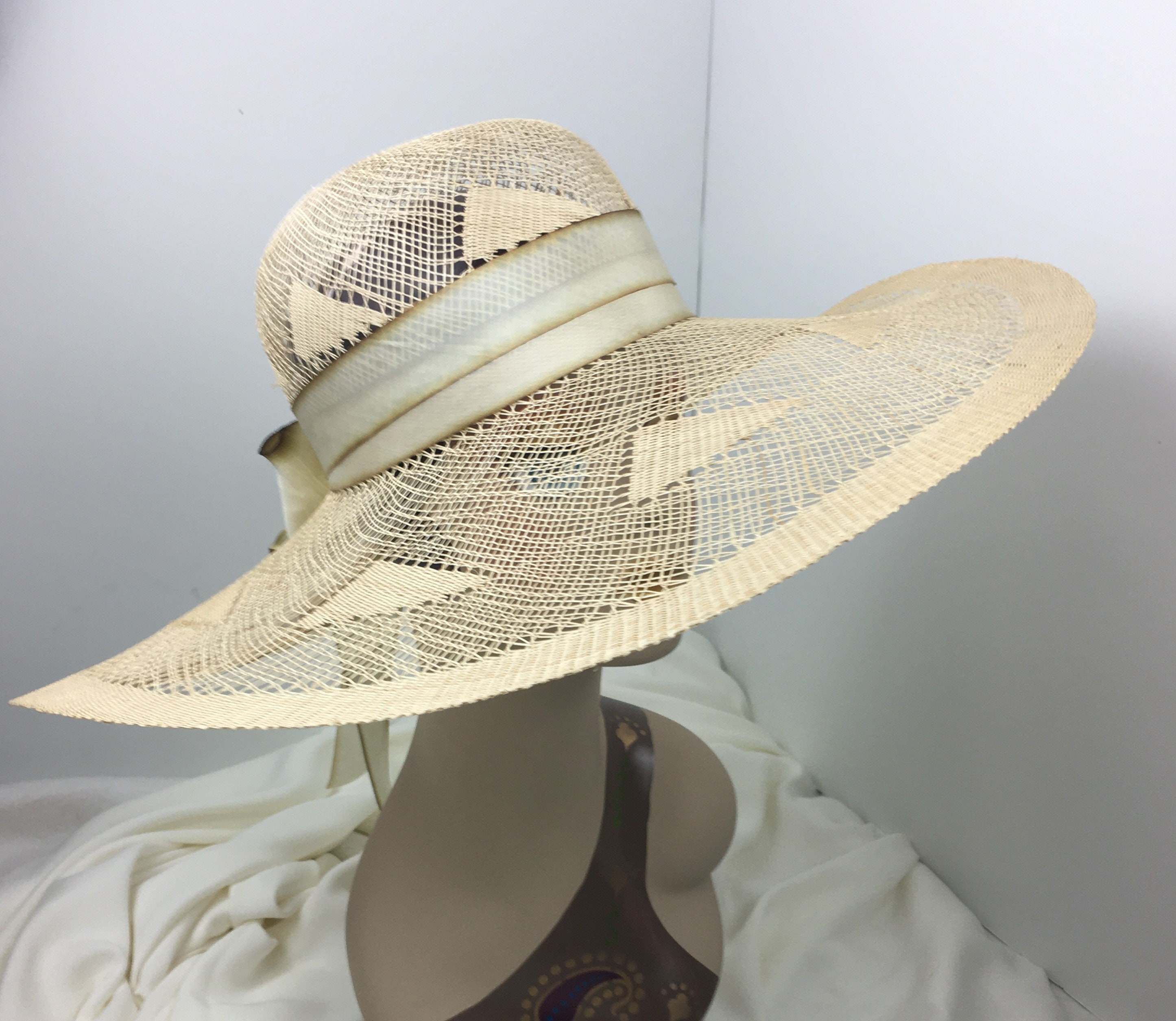 Lacy Open Weave Woman's Straw Hat Extra Wide Brim Natural Color Silk Trim Collector Item