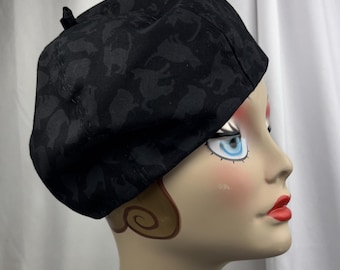 Cat Print Cotton Beret, Black and Charcoal,  3 Season Hat, Handmade