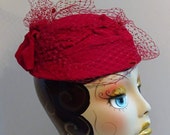 Woman's 1950's Hat/Millinery Reproduction Red Velvet Covered Frame Veiling