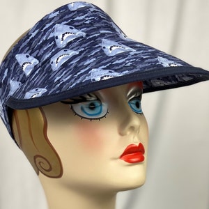 Handmade Cotton Sun Visor: Blue Shark Print Golf Hat
