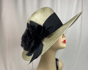 Glamorous Handmade  Parasisal Straw Hat, Sun Hat, Light Taupe and Black, Wide Brim