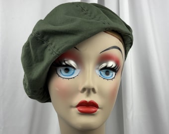 Green Organic Cotton Beret, Fall Hat, Hand Stitched, Fits Most