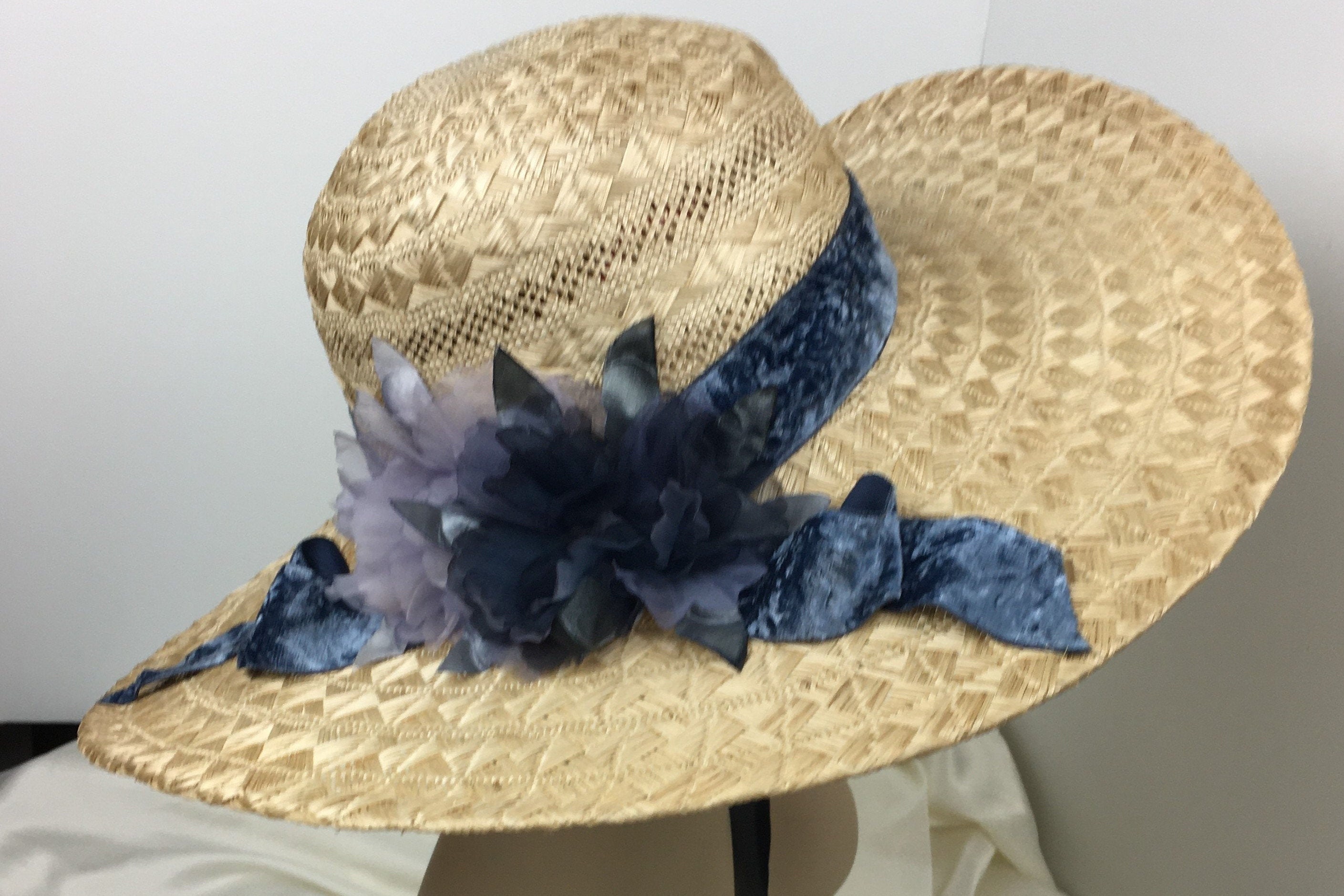 Summer Straw Hat Wide Brim Blue Trim Vintage Velvet Ribbon