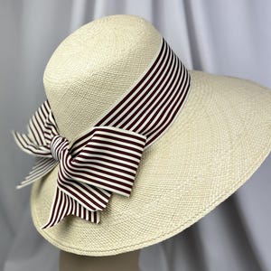 Pu&ograve; includere: Un cappello da sole color crema con una tesa larga e un nastro a righe nei toni del marrone e del bianco. Il nastro &egrave; annodato a fiocco sul lato del cappello, aggiungendo un tocco decorativo. Il cappello &egrave; realizzato in materiale tessuto.