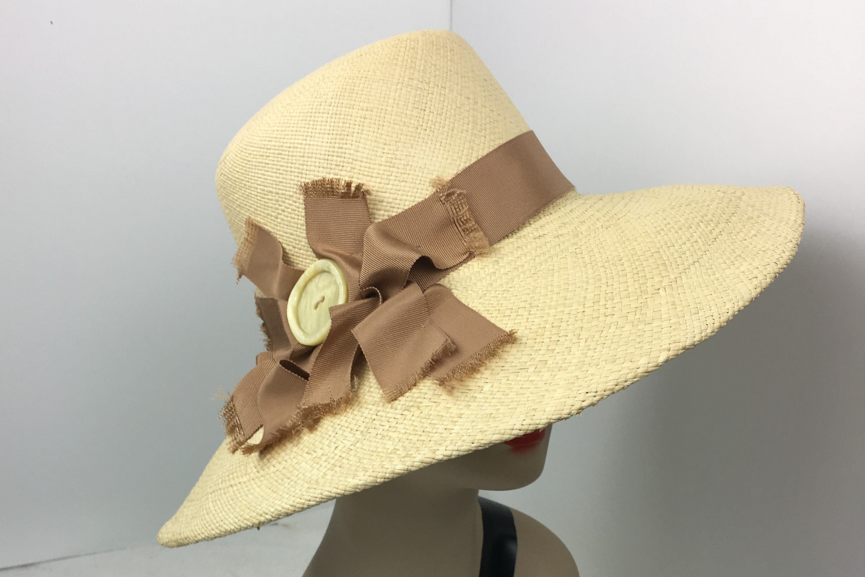 Panama Straw Hat Woman's Natural Camel Trim Wide Brim Summer Wedding