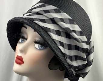 Black Cloche Hat, Parasisal Straw, 1920s Style Handmade Hat