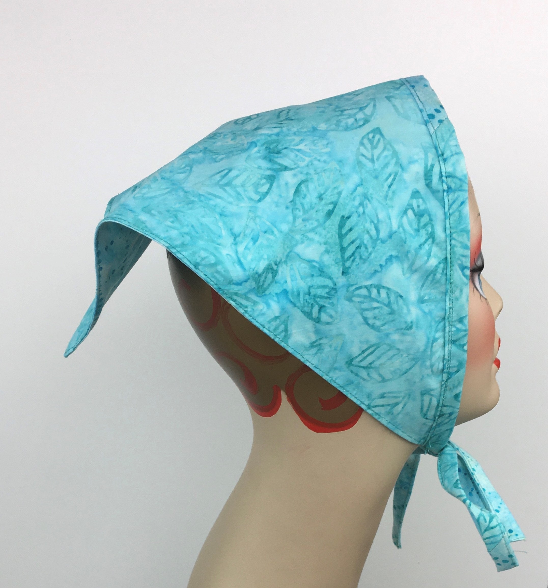Head Scarf Cotton Triangle Reversible Aqua Batik Handmade Vintage Look
