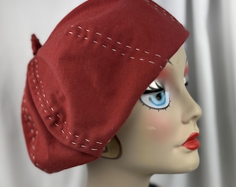 Handmade Beret, Red Cotton Knit, Soft Hat, Fits Most