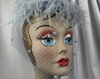 Blue Fascinator, Cocktail Hat, Feather Hat,  1940s Style, Handmade
