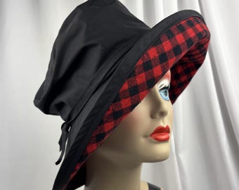 Black Rain Hat, Wide Brim, Slouchy Top, Checked Lining
