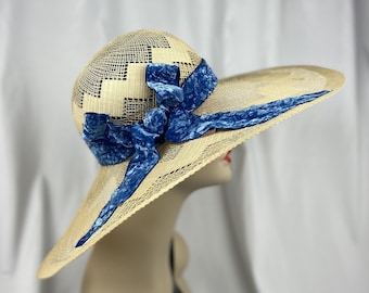 Open Weave Straw Hat, Natural Straw,  Wide Brim, Blue Trim, Handmade Millinery