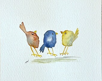 Original watercolor of Quirky Bird Trio, small original watercolor, watercolor bird painting, small bird painting, available framed / D058