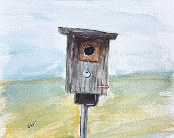 Bluebird House! Small Original Watercolor of a bluebird house, one-of-a-kind original watercolor, small painting of wooden birdhouse | G002
