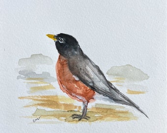 American Robin! Small Original Watercolor of a Robin, one-of-a-kind original watercolor, small original watercolor of a Robin | G008