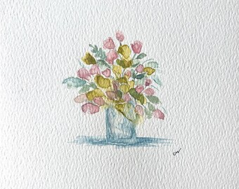 Small Original Watercolor of a vase of Spring Flowers, one-of-a-kind original watercolor, small original floral painting | G035