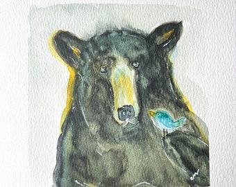 Black Bear! Blue Bird! Small Original Watercolor, one-of-a-kind original watercolor, small original watercolor of a bear and bird | G090
