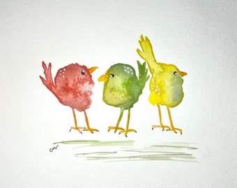 Original watercolor of Quirky Bird Trio, small original watercolor, watercolor bird painting, small bird painting, available framed / D071