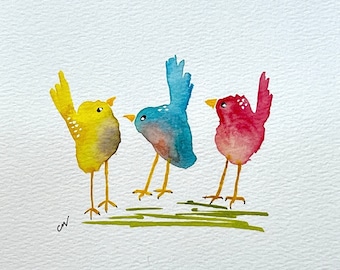 Original watercolor of Quirky Bird Trio, small original watercolor, watercolor bird painting, small bird painting, available framed / D106