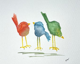 Original watercolor of Quirky Bird Trio, small original watercolor, watercolor bird painting, small bird painting, available framed / D118