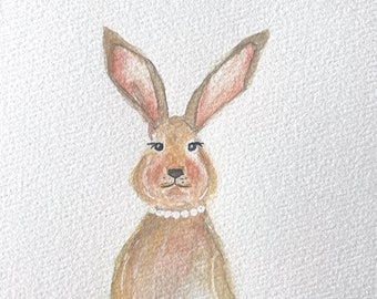 Bunny Wearing Pearls! Small Original Watercolor of a bunny rabbit, one-of-a-kind watercolor, small original watercolor of a bunny | G033