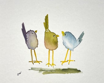 Original watercolor of Quirky Bird Trio, small original watercolor, watercolor bird painting, small bird painting, available framed / D117