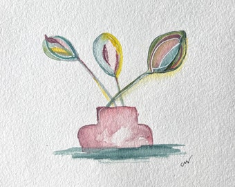 Small Original Watercolor of a fun, funky vase and flowers, one-of-a-kind original watercolor, small original floral painting | G036