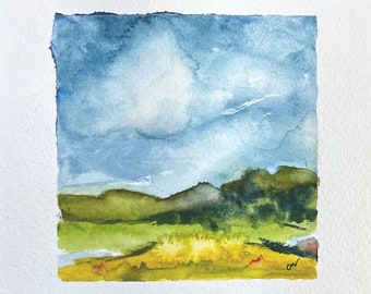 Small Original Watercolor Landscape, one-of-a-kind original watercolor, small original watercolor of mountains, meadow, sky | G001