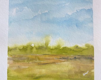 Small Original Watercolor Landscape, one-of-a-kind original watercolor, small original watercolor of  meadow, trees, sky | G050
