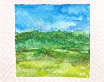 Small Original Watercolor Landscape, one-of-a-kind original watercolor, small original watercolor of mountains, meadow, sky | G012