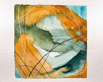 Small Original Watercolor Abstract, one-of-a-kind original watercolor, small original abstract, orange and teal abstract  | G020