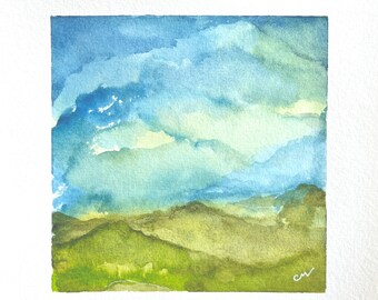 Small Original Watercolor Landscape, one-of-a-kind original watercolor, small original watercolor of mountains, meadow, sky | G016
