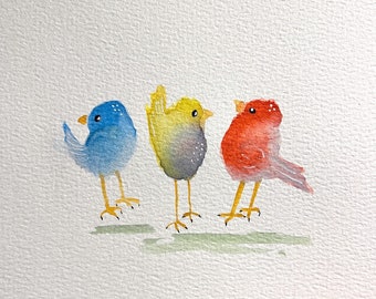 Quirky Bird Trio! Small Original Watercolor of a bird trio, one-of-a-kind original watercolor, small original watercolor of birds | G022