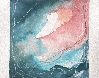 Small Original Watercolor Abstract, one-of-a-kind original watercolor, small original abstract, blue  and pink watercolor abstract  | G034