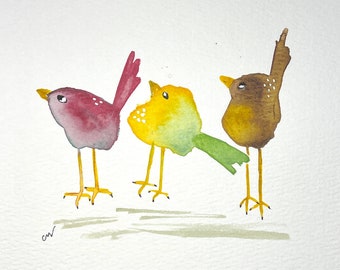 Original watercolor of Quirky Bird Trio, small original watercolor, watercolor bird painting, small bird painting, available framed / D113