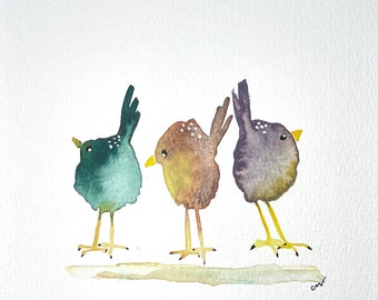 Original watercolor of Quirky Bird Trio, small original watercolor, watercolor bird painting, small bird painting, available framed / D116