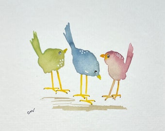 Original watercolor of Quirky Bird Trio, small original watercolor, watercolor bird painting, small bird painting, available framed / D115