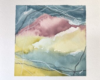 Small Original Watercolor Abstract, one-of-a-kind original watercolor, small original abstract, blue pink yellow watercolor abstract  | G023