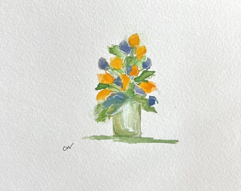 Small Original Watercolor of a vase of Spring Flowers, one-of-a-kind original watercolor, small original floral painting | G028