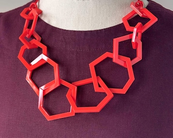 Bright Red Geometric Statement Necklace, Contemporary Red Acrylic Jewellery