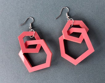 Coral pink geometric drop acrylic earrings