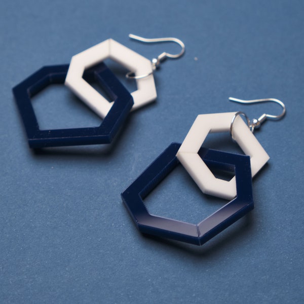 Navy blue and white geometric drop acrylic earrings